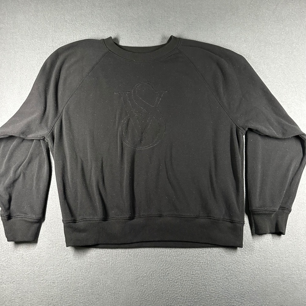 Victoria's Secret Crew Neck Sweatshirt Womens Large Black VS Logo‎ Embossed LS